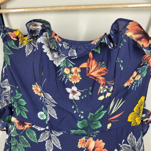 Showpo Navy Blue Floral Strapless Mini Dress Tie Back Ruffle 2 - Picture 2 of 12